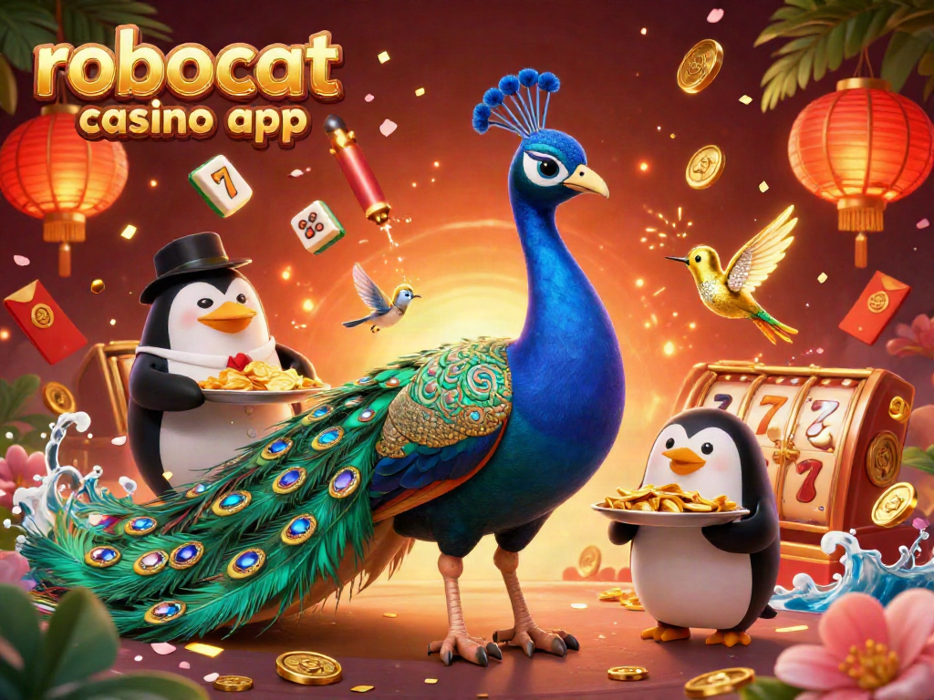 Experience the vibrant world of robocat casino app with a 3D illustration featuring lively game elements.