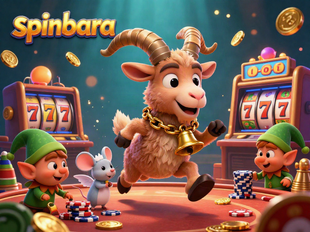 Engage in a vibrant Spinbara gaming scene with cartoon Krampus and festive chaos!