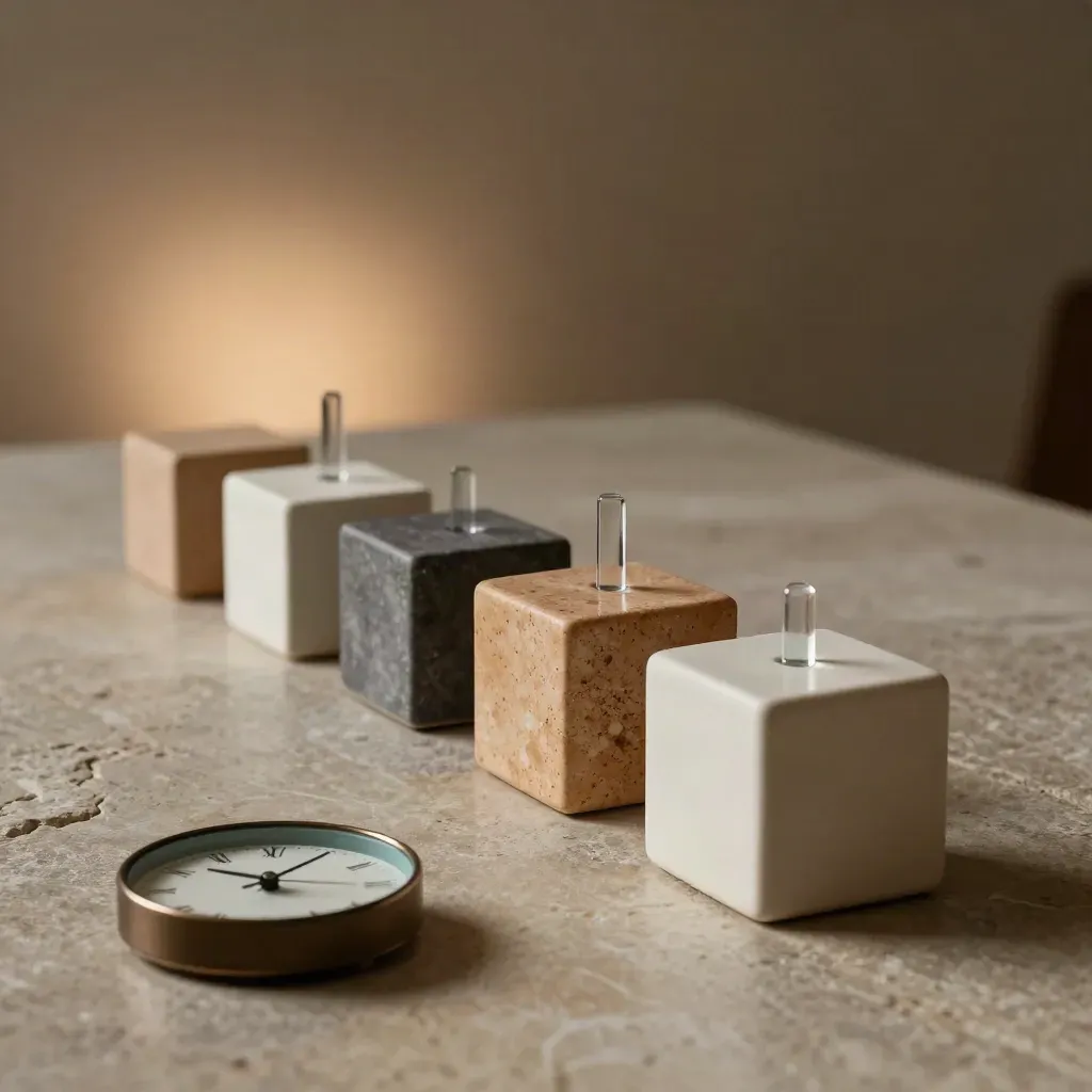 Cubos cerámicos y reloj sobre piedra, en una ruta de crecimiento hacia el fondo.