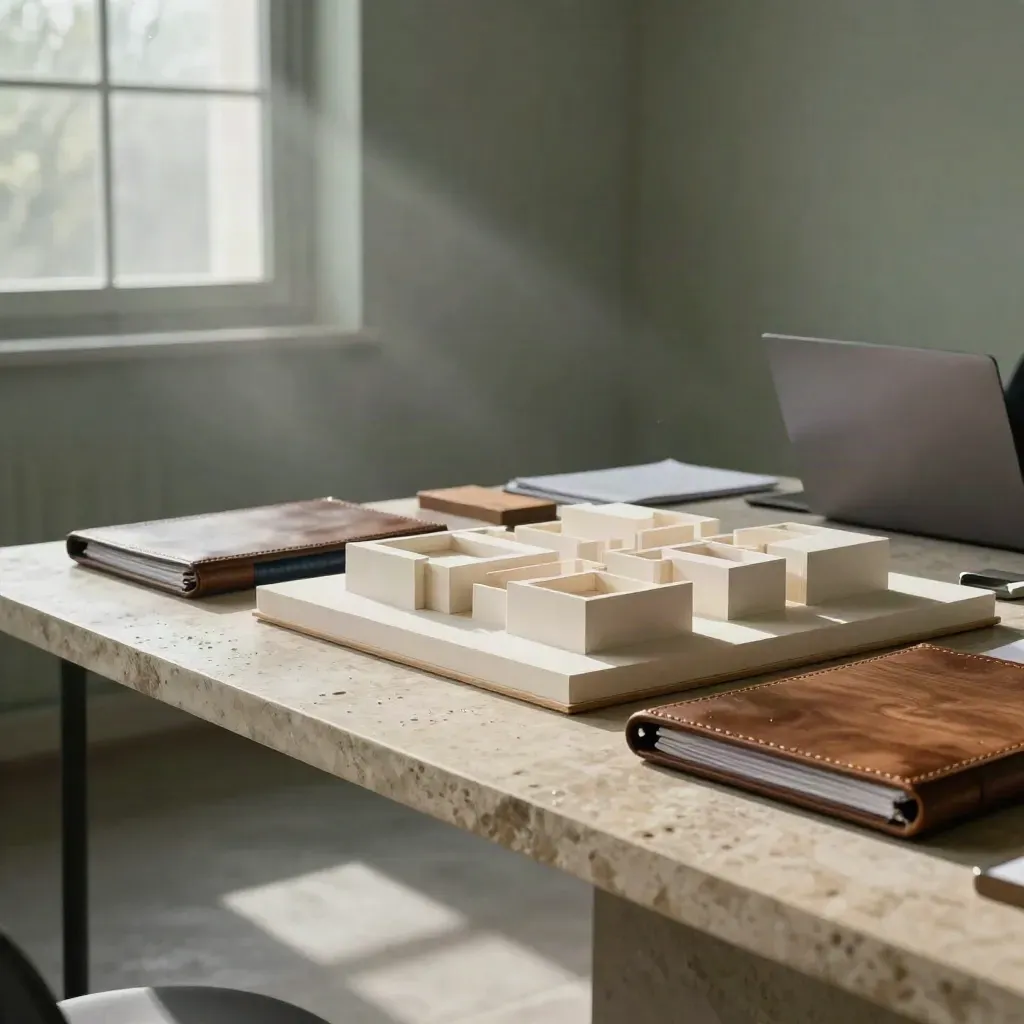 Loft madrileño con maqueta arquitectónica, carpetas de piel y luz rasante tras la lluvia.