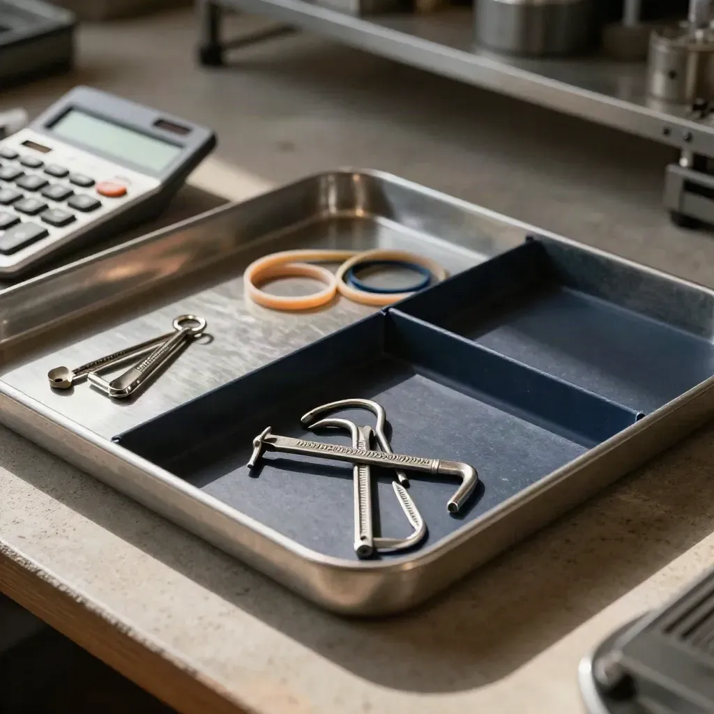 Bandeja metálica con calculadora apagada, clips, gomas y llaves Allen sobre superficie mate.