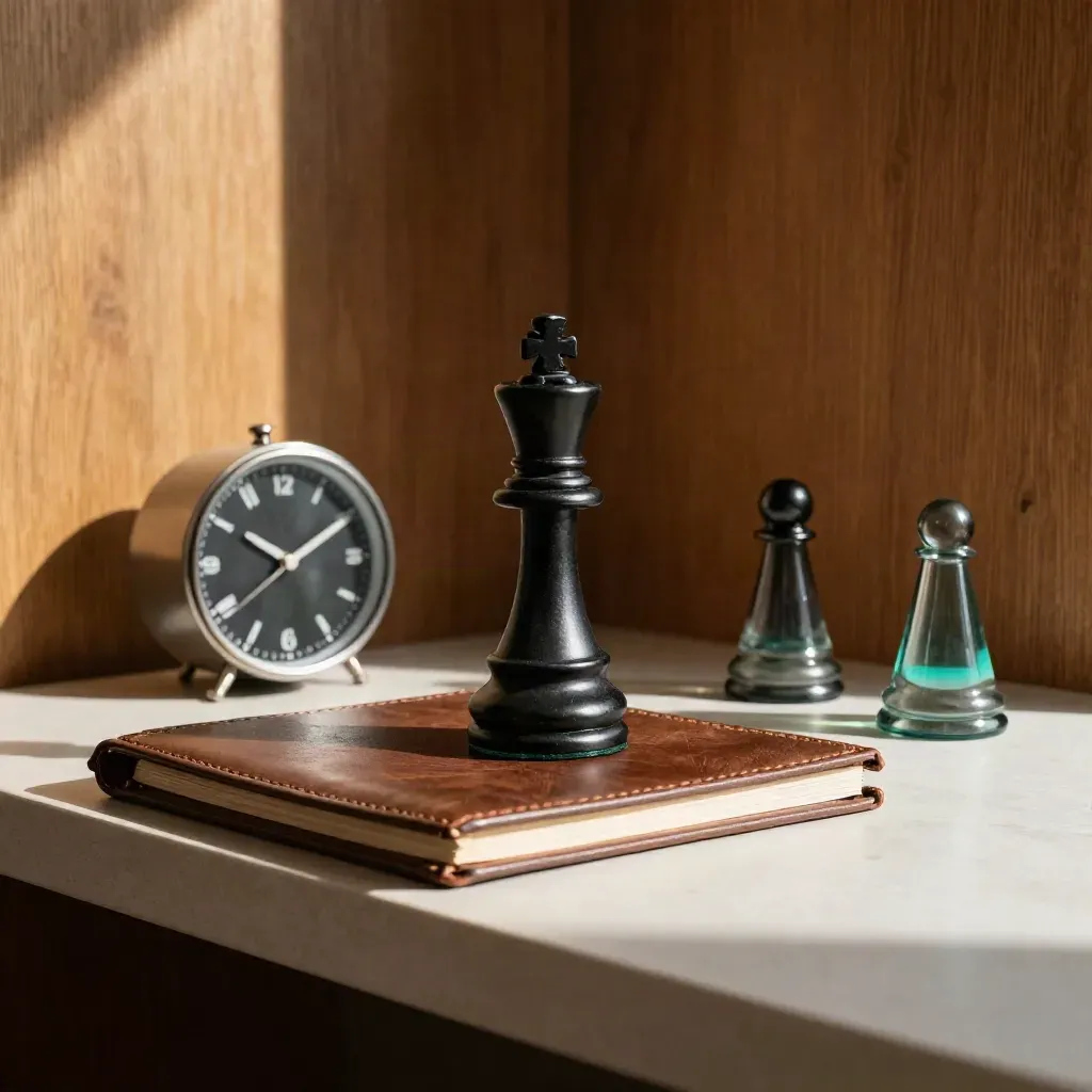 Reina de ajedrez, reloj, carpeta de piel y vidrio ahumado en luz cálida de tarde.