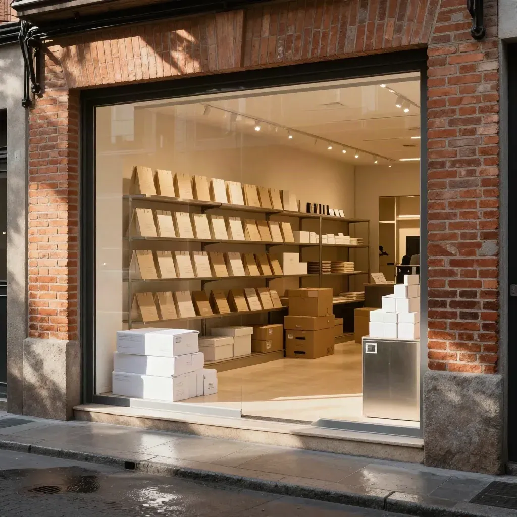 Portal comercial en Madrid con escaparate iluminado, cajas selladas y muestrarios ordenados de noche.