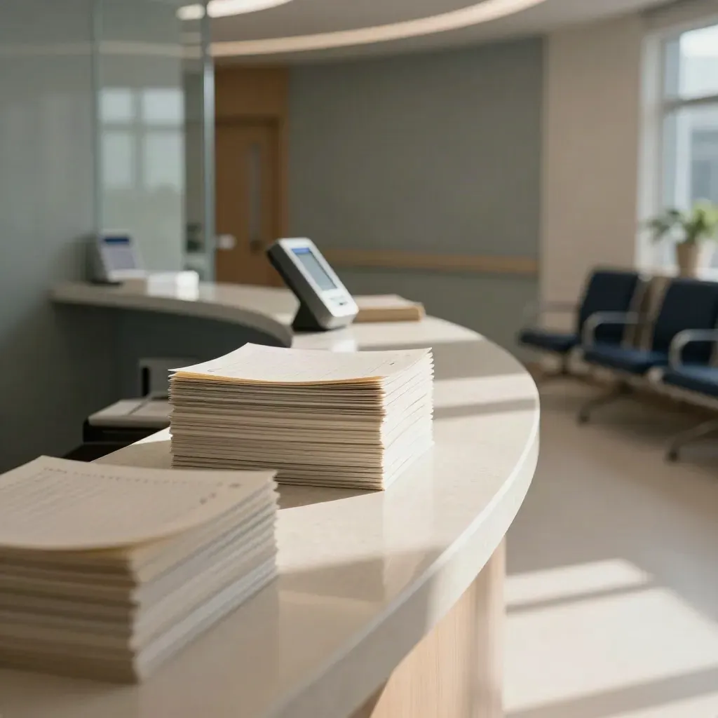 Recepción de clínica impecable con sillas alineadas, luces de check-in y bandejas cerradas.