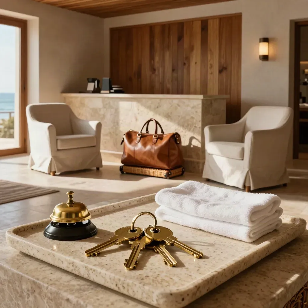 Lobby boutique costero vacío con llaves, sillones de lino y luz cálida de tarde