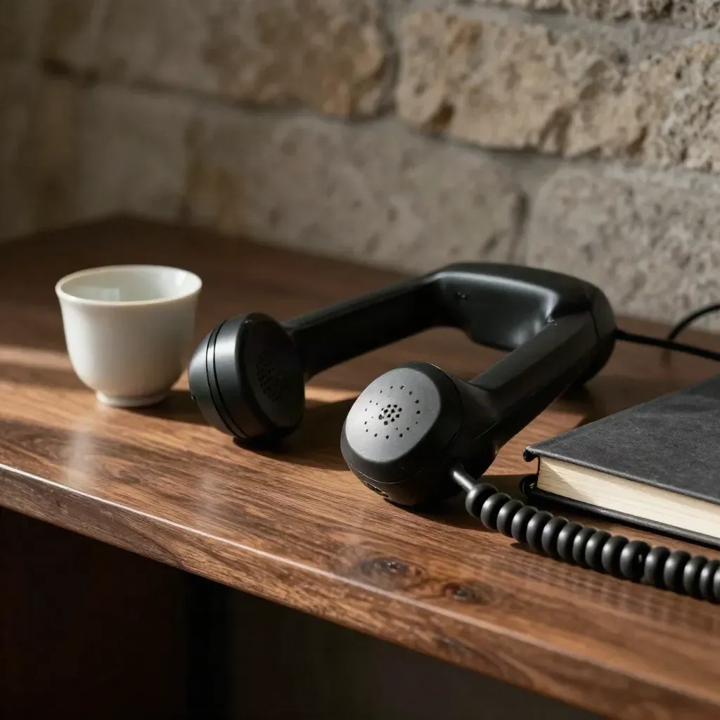 Teléfono analógico, taza crema y cuaderno cerrado sobre una repisa de madera oscura.
