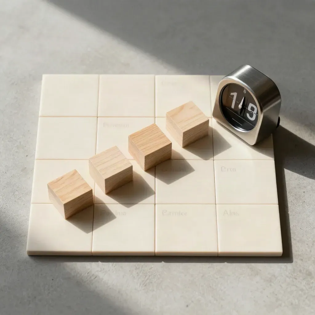 Cuadrícula de fichas, tres bloques de madera y un reloj de cuenta atrás sobre concreto claro.