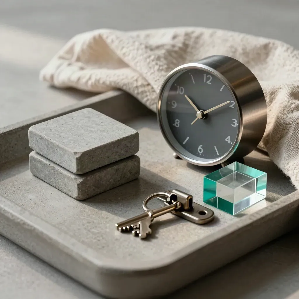 Bandeja con piezas de progreso, reloj, llave y bloque de vidrio sobre base de piedra.