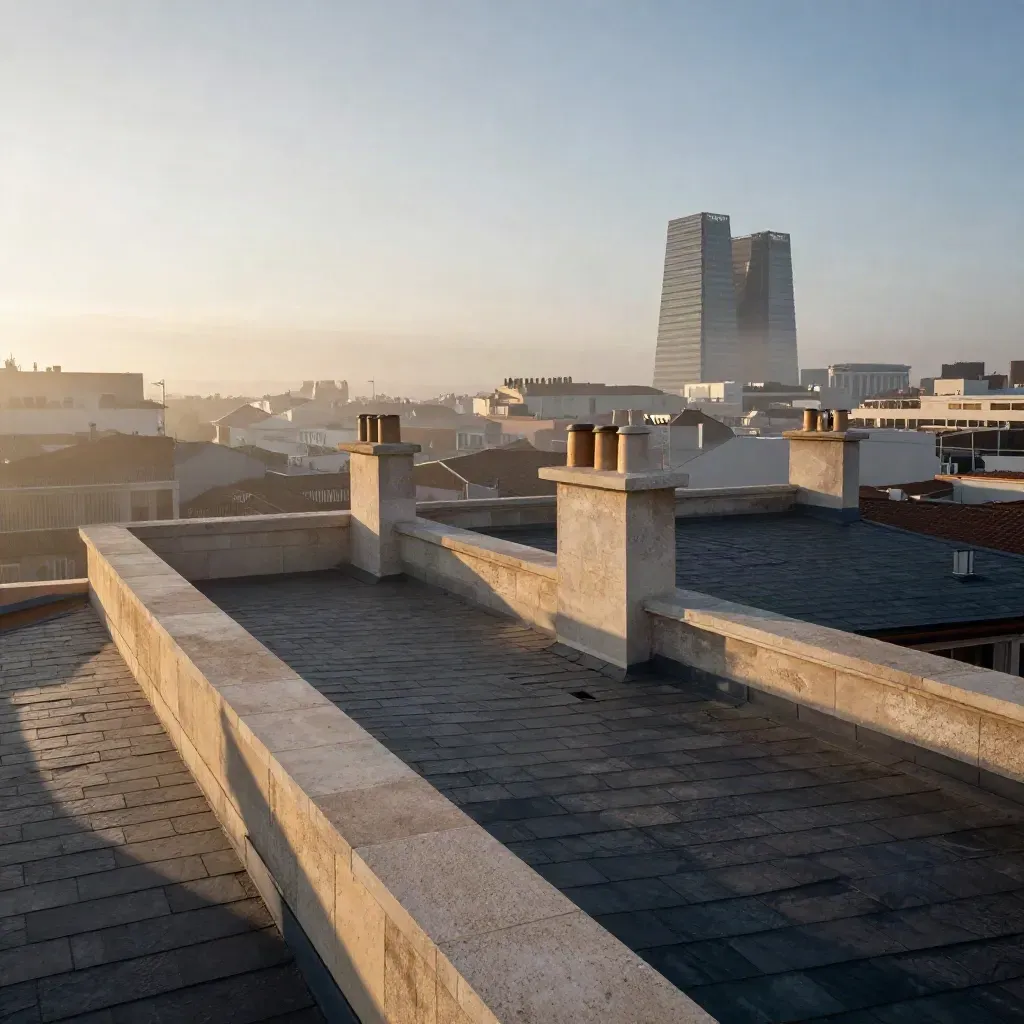 Vista de Madrid al amanecer desde una azotea, con Cuatro Torres entre niebla y tejados de pizarra.