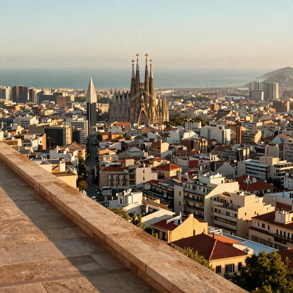Barcelona desde Montjuïc con la Sagrada Família alta y el mar en calima dorada.