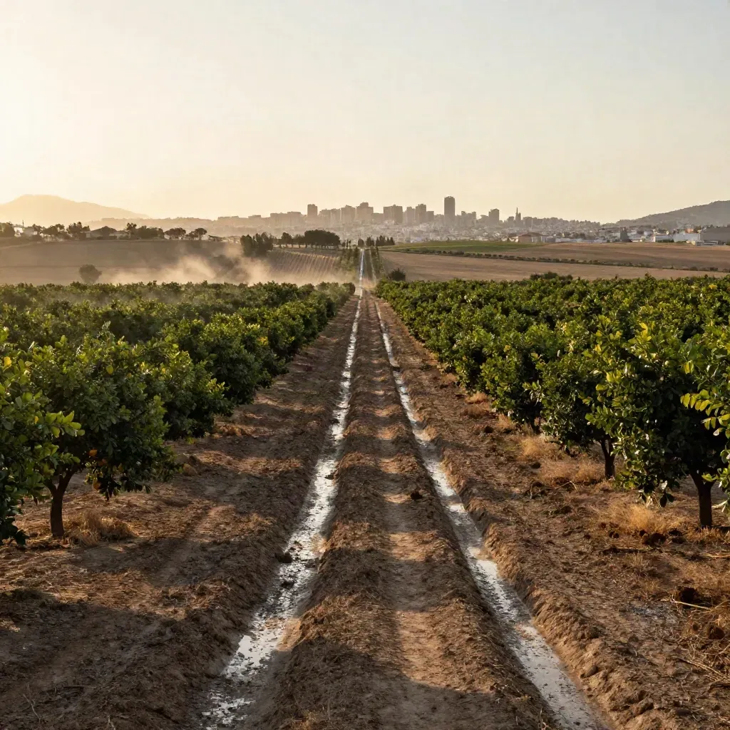 Huerta valenciana con naranjos, surcos húmedos y la ciudad al fondo en la neblina.
