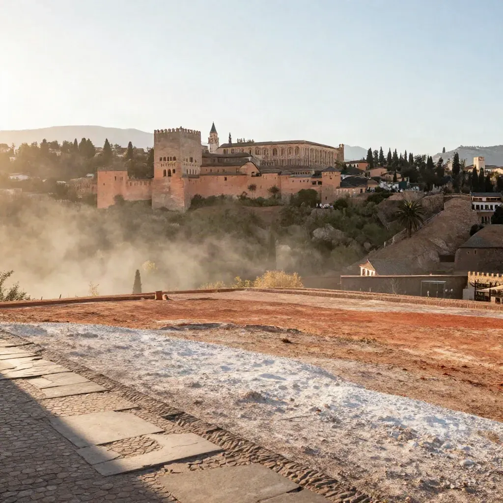 Silueta de la Alhambra sobre Granada con llanura terrosa y luz cálida de calima.