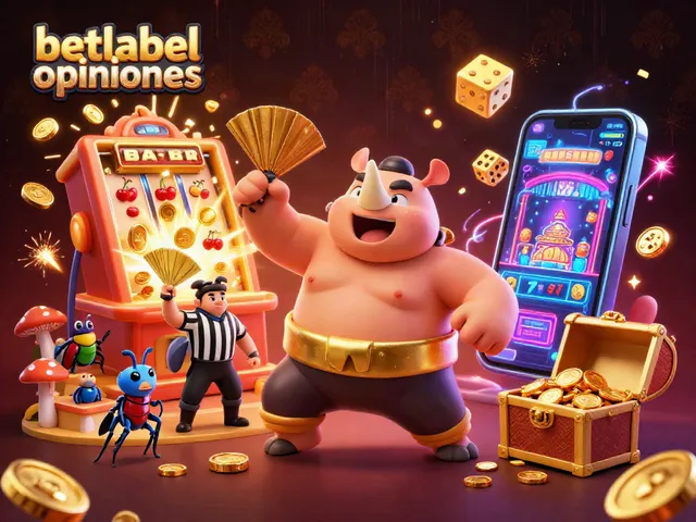 Engaging scene featuring betlabel opiniones with a rhinoceros beetle champion amidst casino jackpot elements.