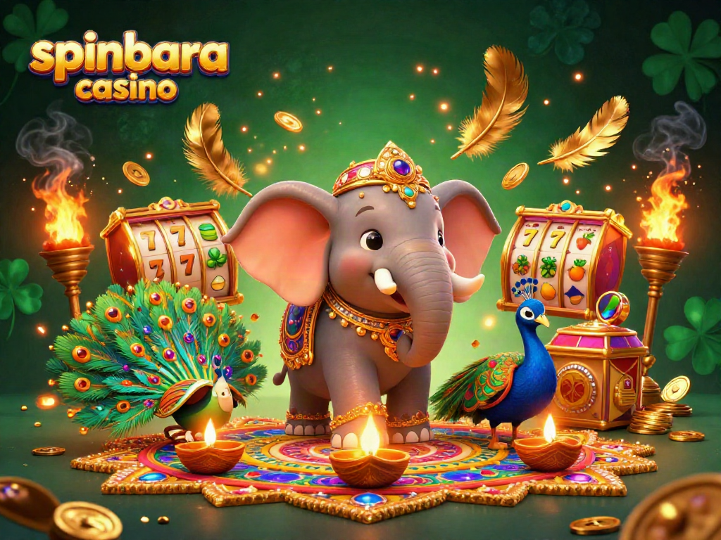 Experience the excitement of spinbara casino with vibrant slot reels, an ornate elephant, and golden decorations.