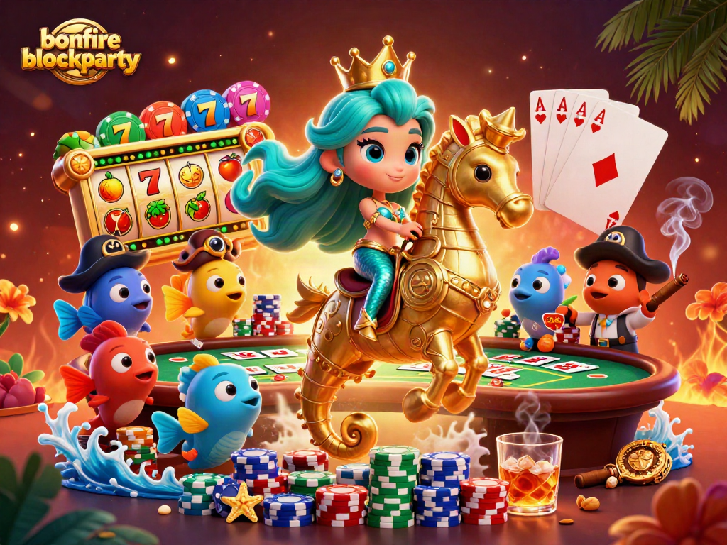 Engage with bonfireblockparty as a mermaid princess navigates a vibrant casino scene filled with rich gaming elements.